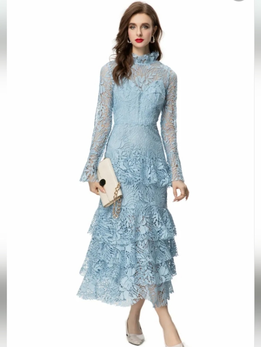 🤠🌻Miss Rosier MSRP 122$ NWT Elegant Light Blue Lace Tiered Midi Dress Size S